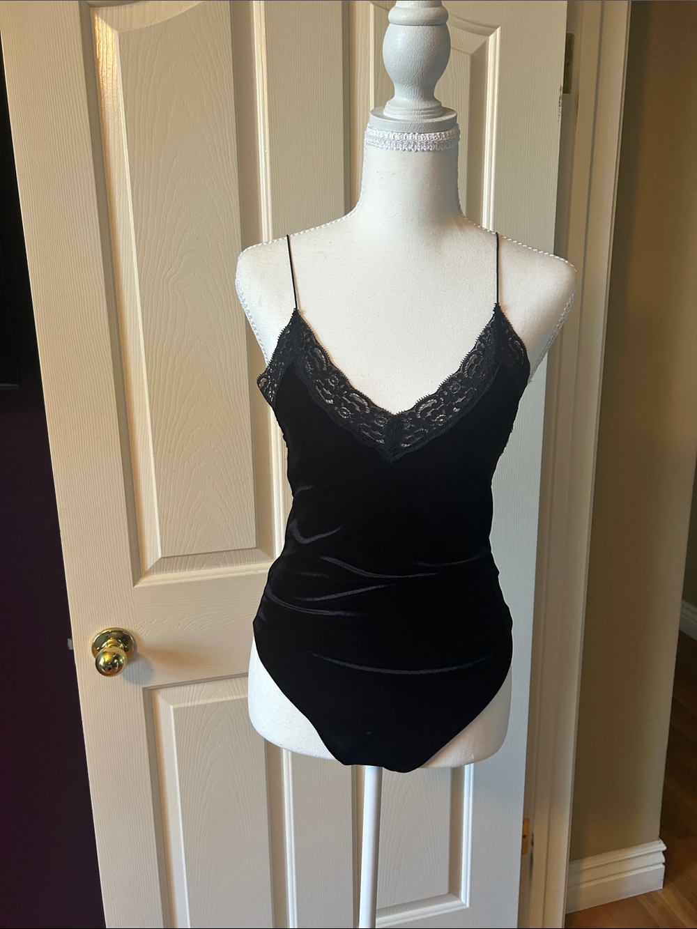 Black Velvet Lace-Trim Slip Bodysuit - Women's Intimates